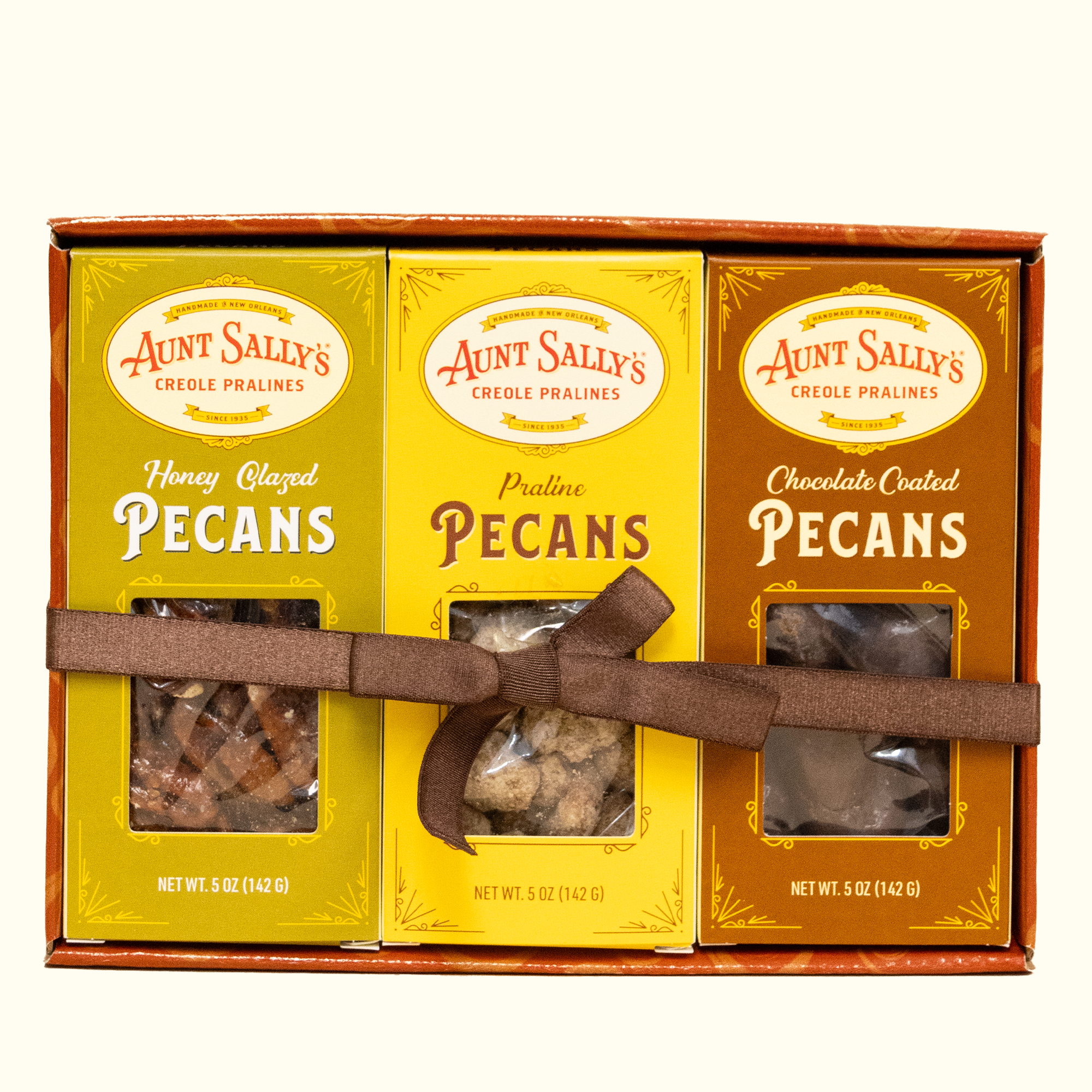 Pecan Trio Gift Box - Praline, Honey Glazed, Chocolate - Aunt Sally’s Pralines