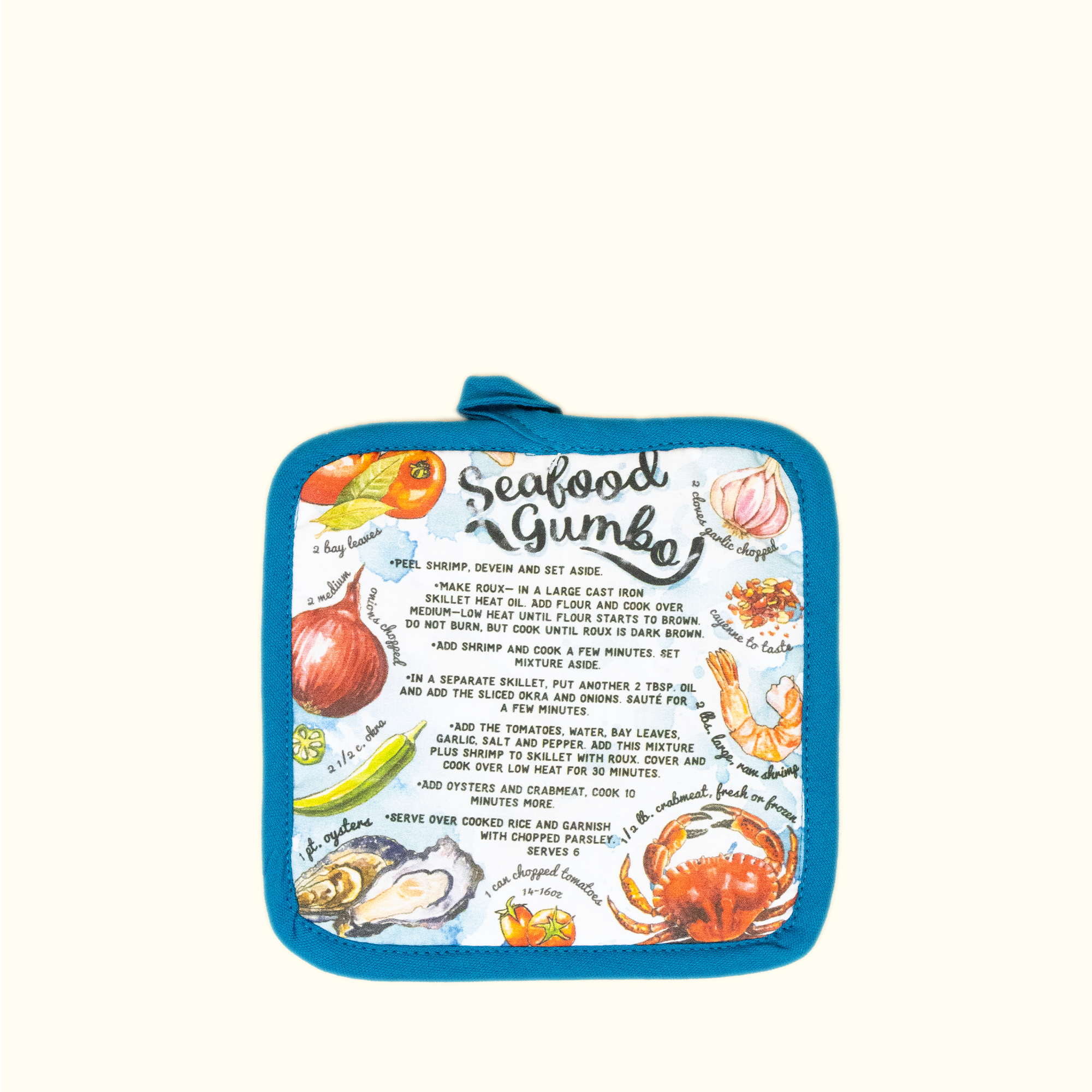 Seafood Gumbo Recipe Watercolor Fabric Pot Holder - Aunt Sally’s Pralines