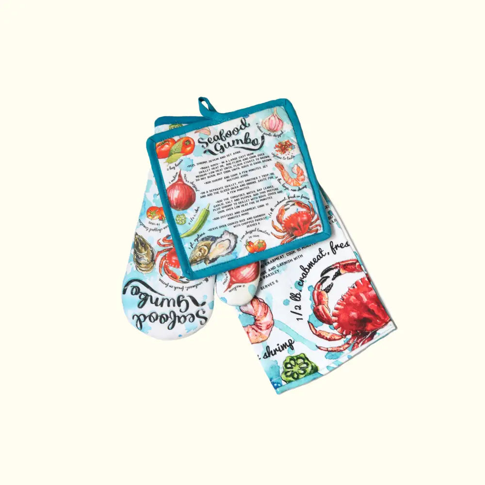 New Orleans Seafood Gumbo 3-Piece Kitchen Towel Oven Mitt and Pot Holder Set