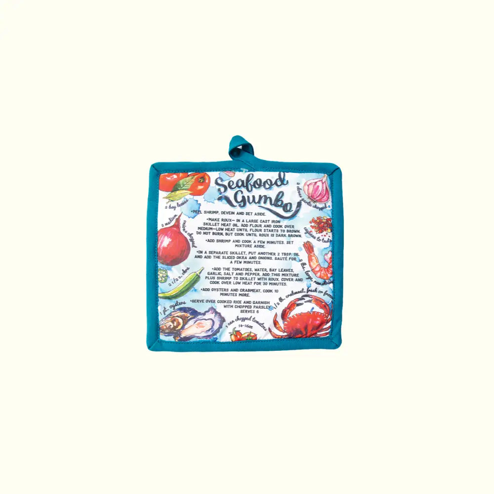 Seafood Gumbo Recipe Watercolor Fabric Pot Holder - Aunt Sally’s Pralines