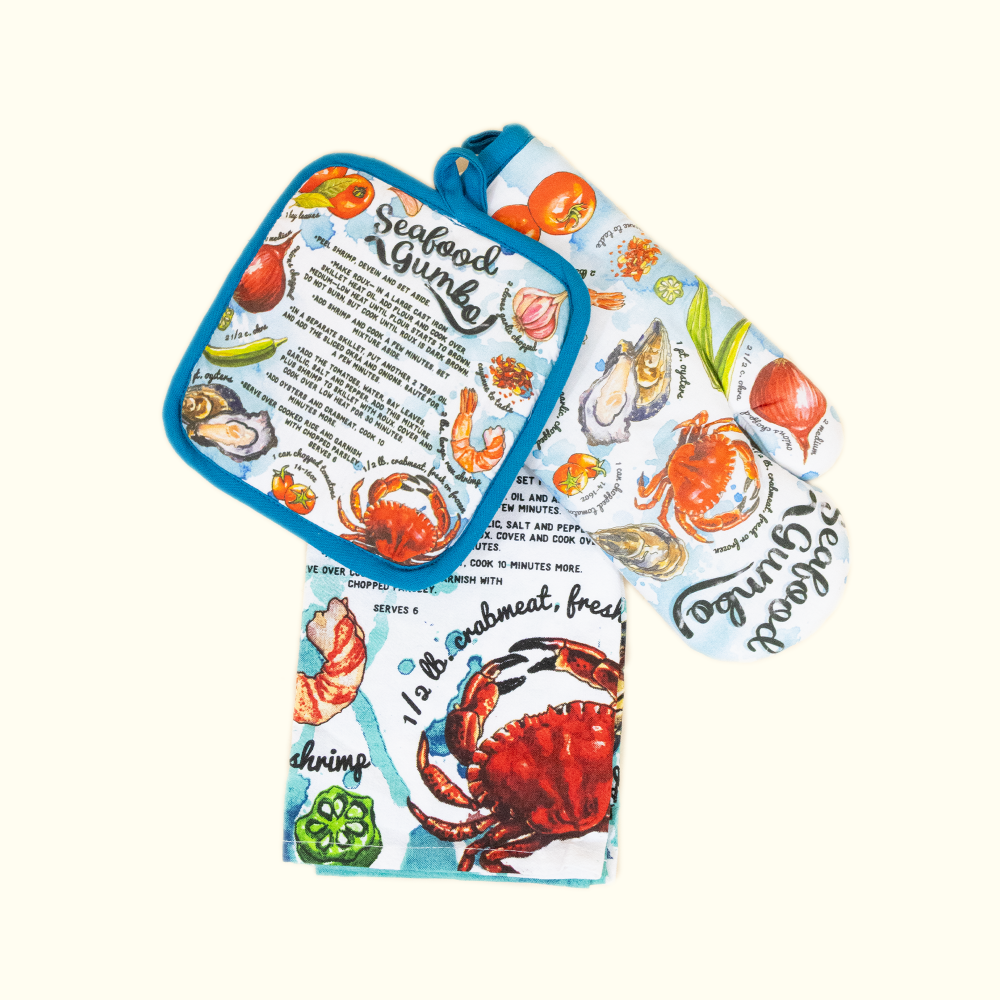 New Orleans Seafood Gumbo 3-Piece Kitchen Towel Oven Mitt and Pot Holder Set