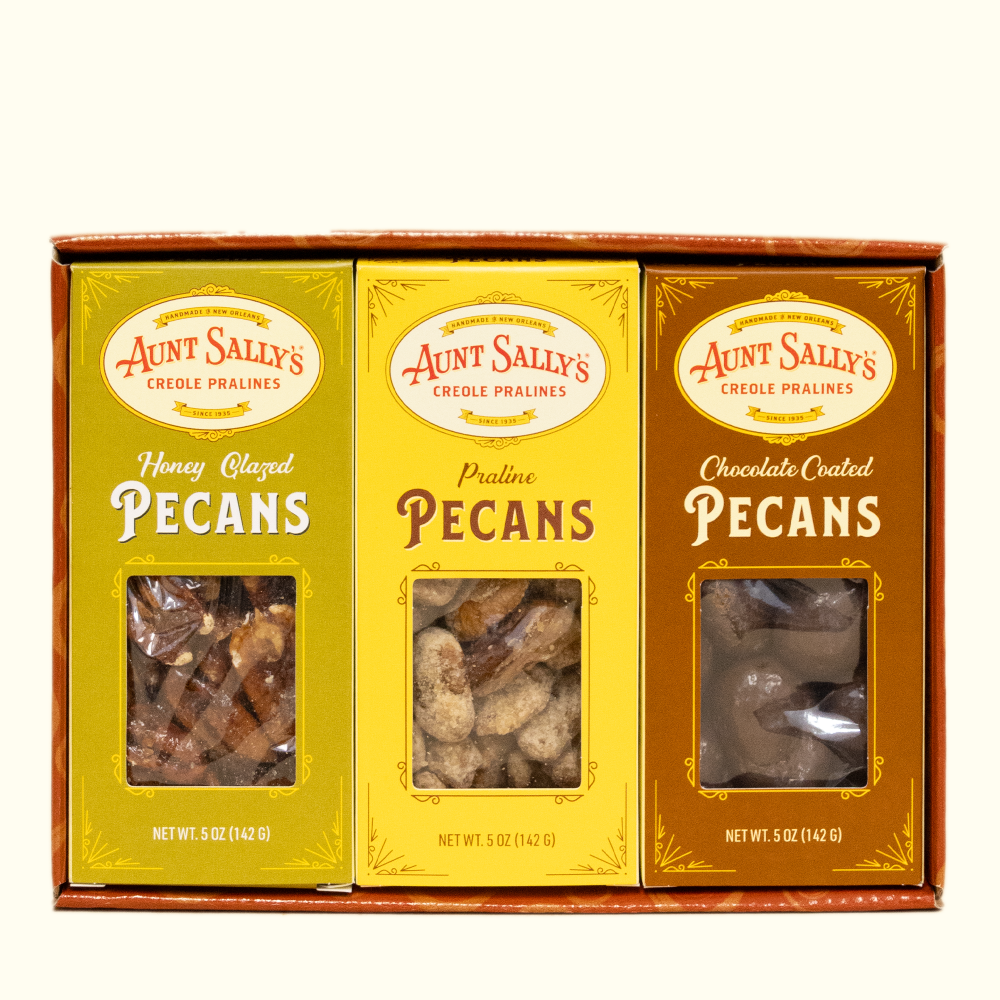 Pecan Trio Gift Box - Honey Glazed, Praline, Chocolate - Aunt Sally’s Pralines