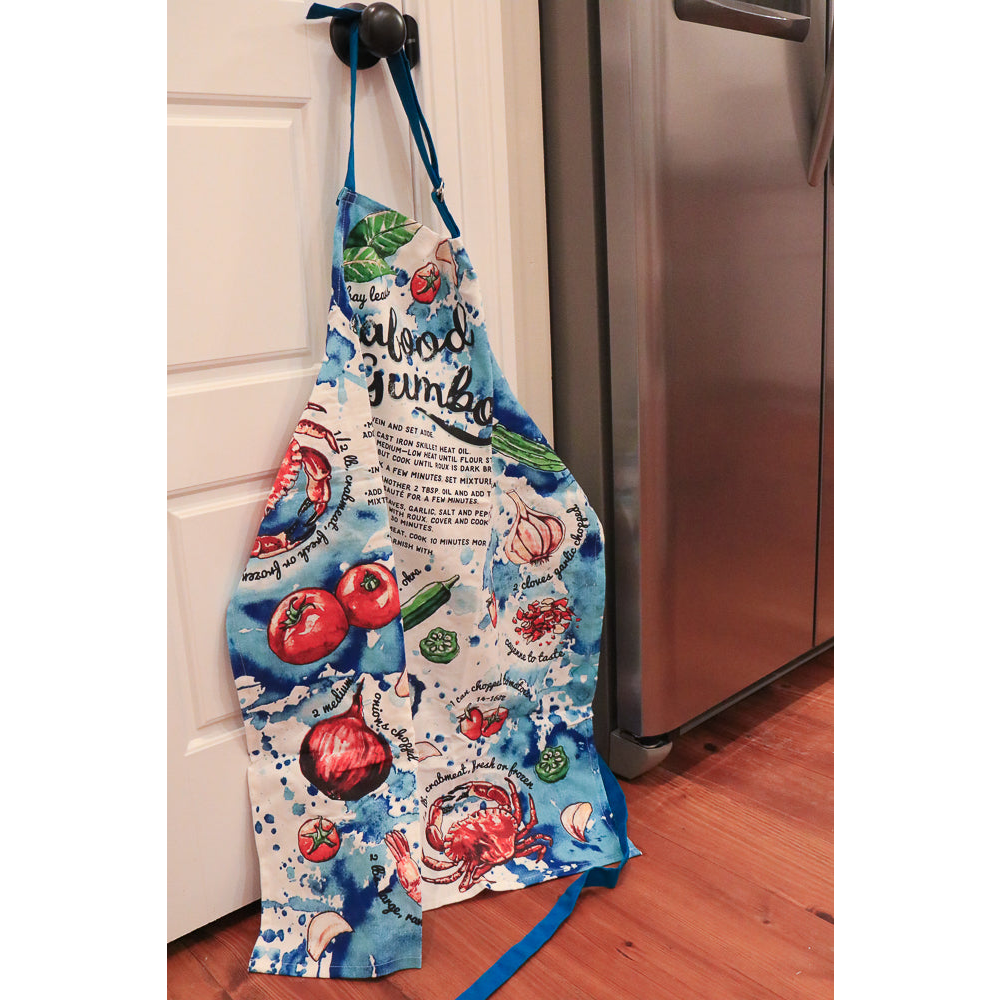 Seafood Gumbo Recipe Watercolor Apron - Aunt Sally’s Pralines