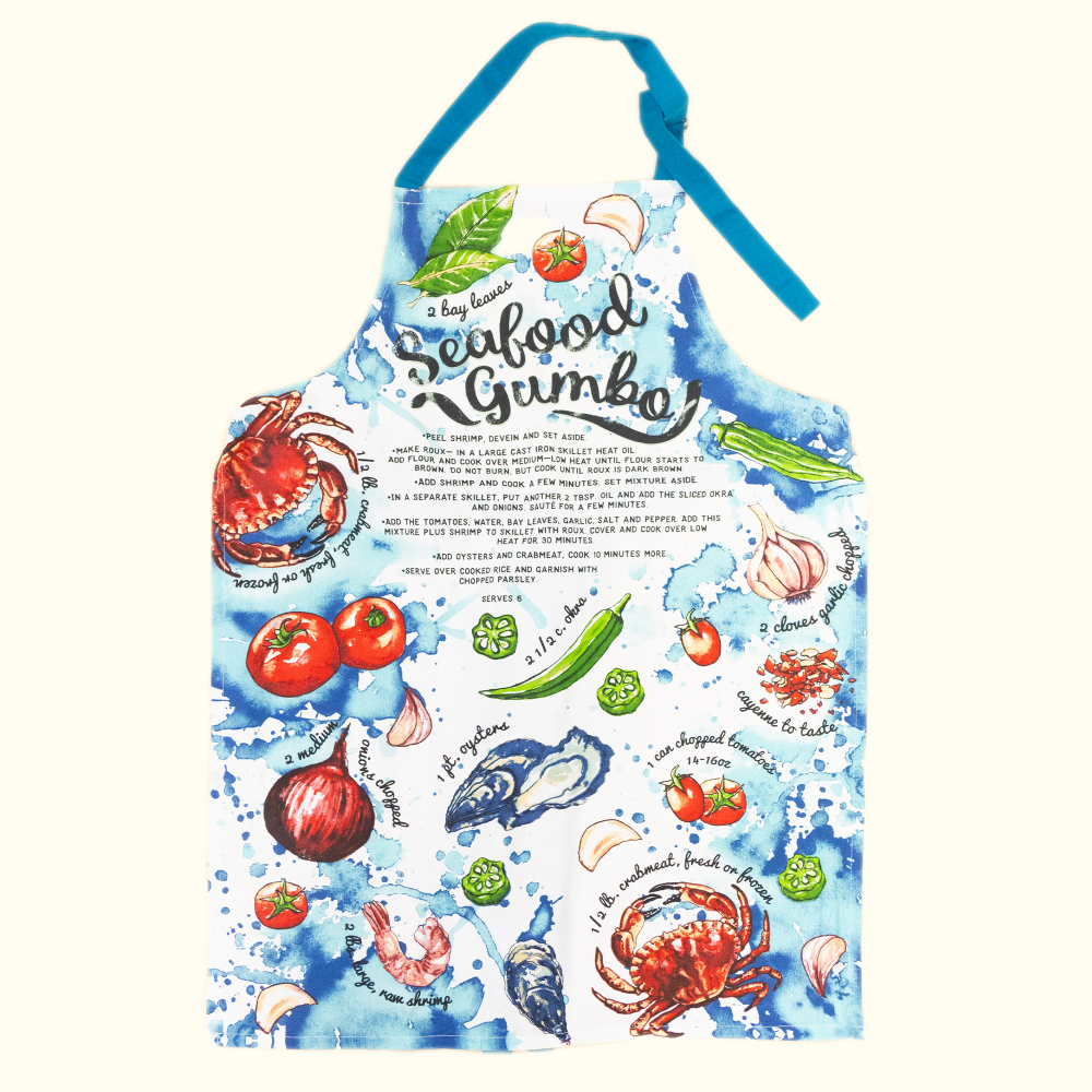 Seafood Gumbo Recipe Watercolor Apron - Aunt Sally’s Pralines